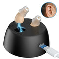 Rechargeable CIC hearing aids for seniors with severe hearing loss, including charging dock