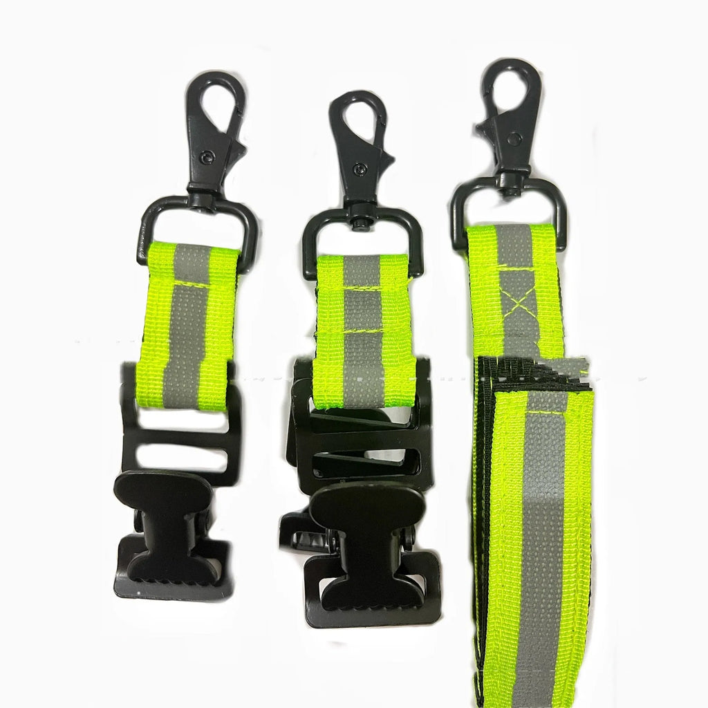 Fluorescent green metal buckle safety clamp for attaching work gloves to a belt.