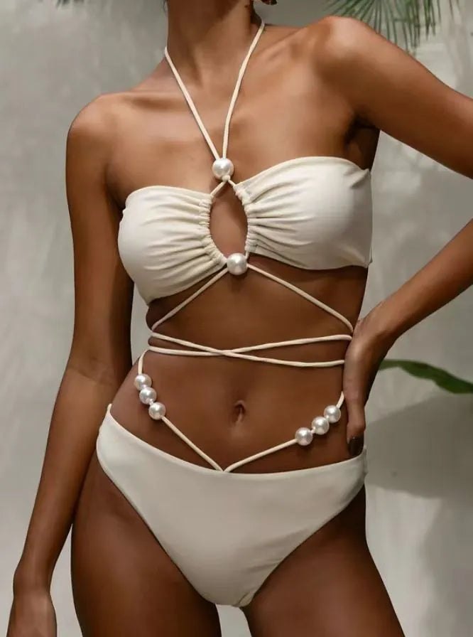 Women's black lace-up split front bikini swimsuit with adjustable design