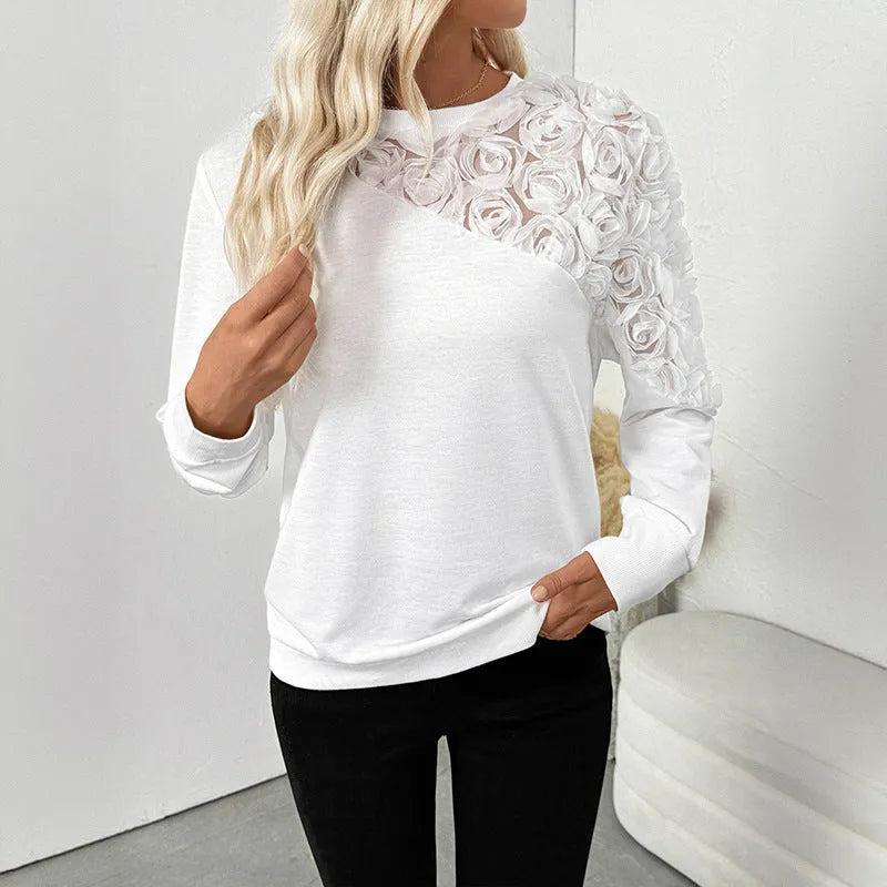 White floral pattern long sleeve pullover top with loose fit