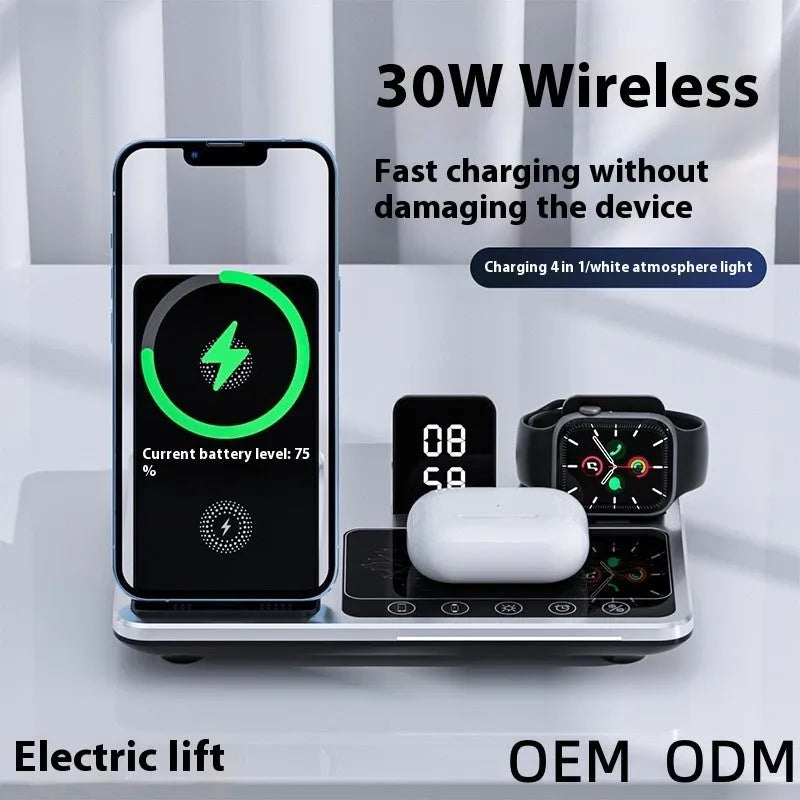 Multifunctional wireless fast charging clock folding bracket for mobile phone in black plastic version