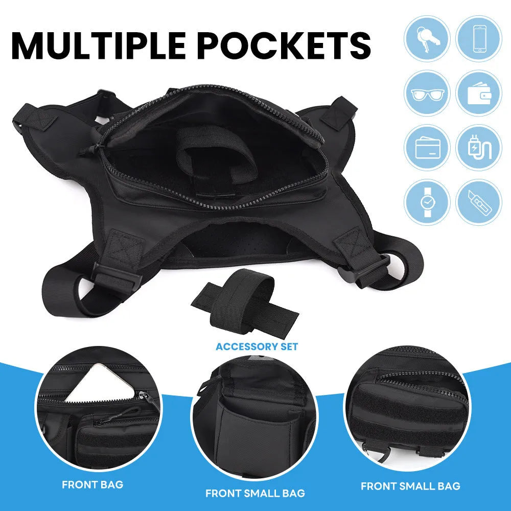 Outdoor sports chest bag with breathable vest design in Oxford cloth available in black, blue, and grey colours