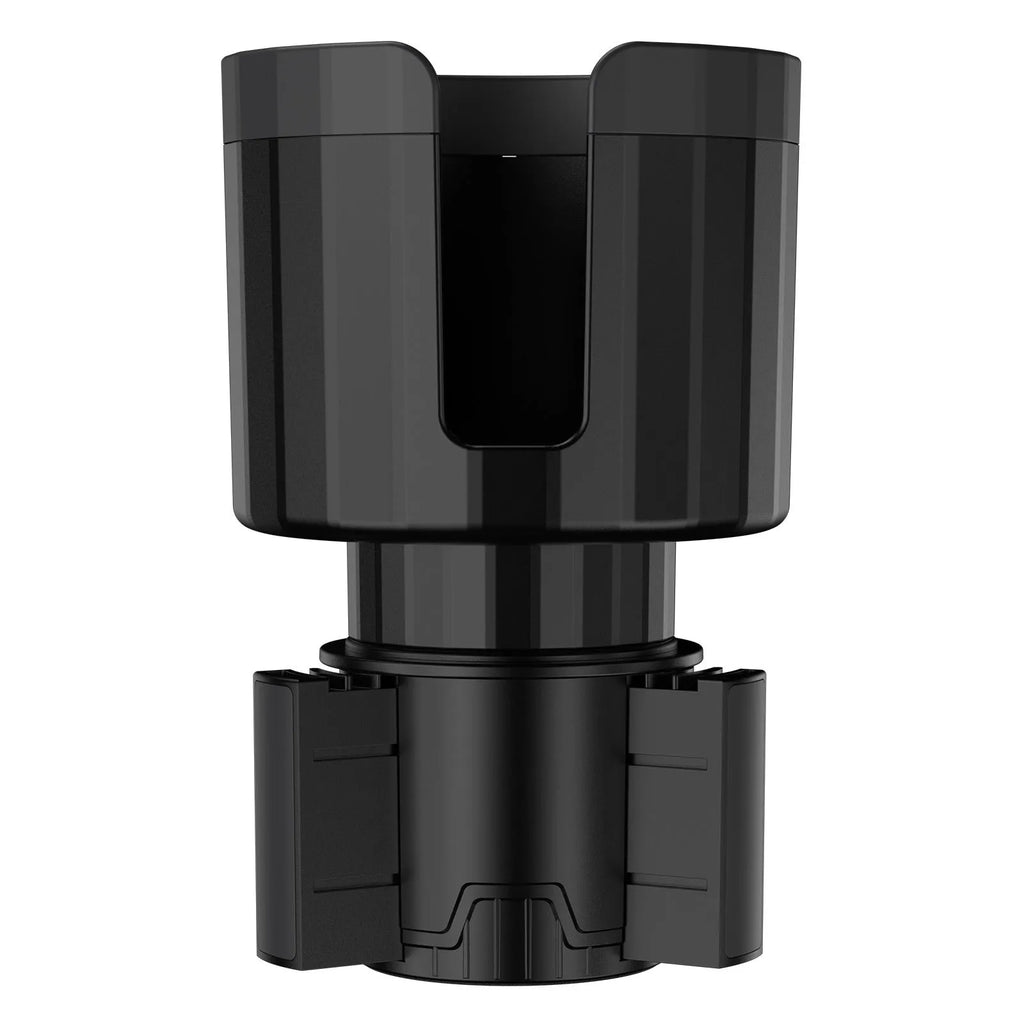 Matte black adjustable car cup holder expander for large bottles and cups.