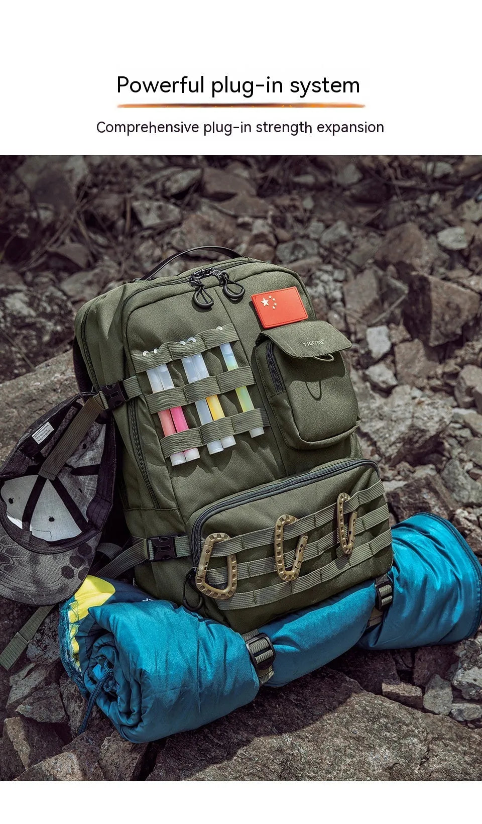 Army green waterproof tactical backpack with 17-inch frame and 20-35 litre capacity.