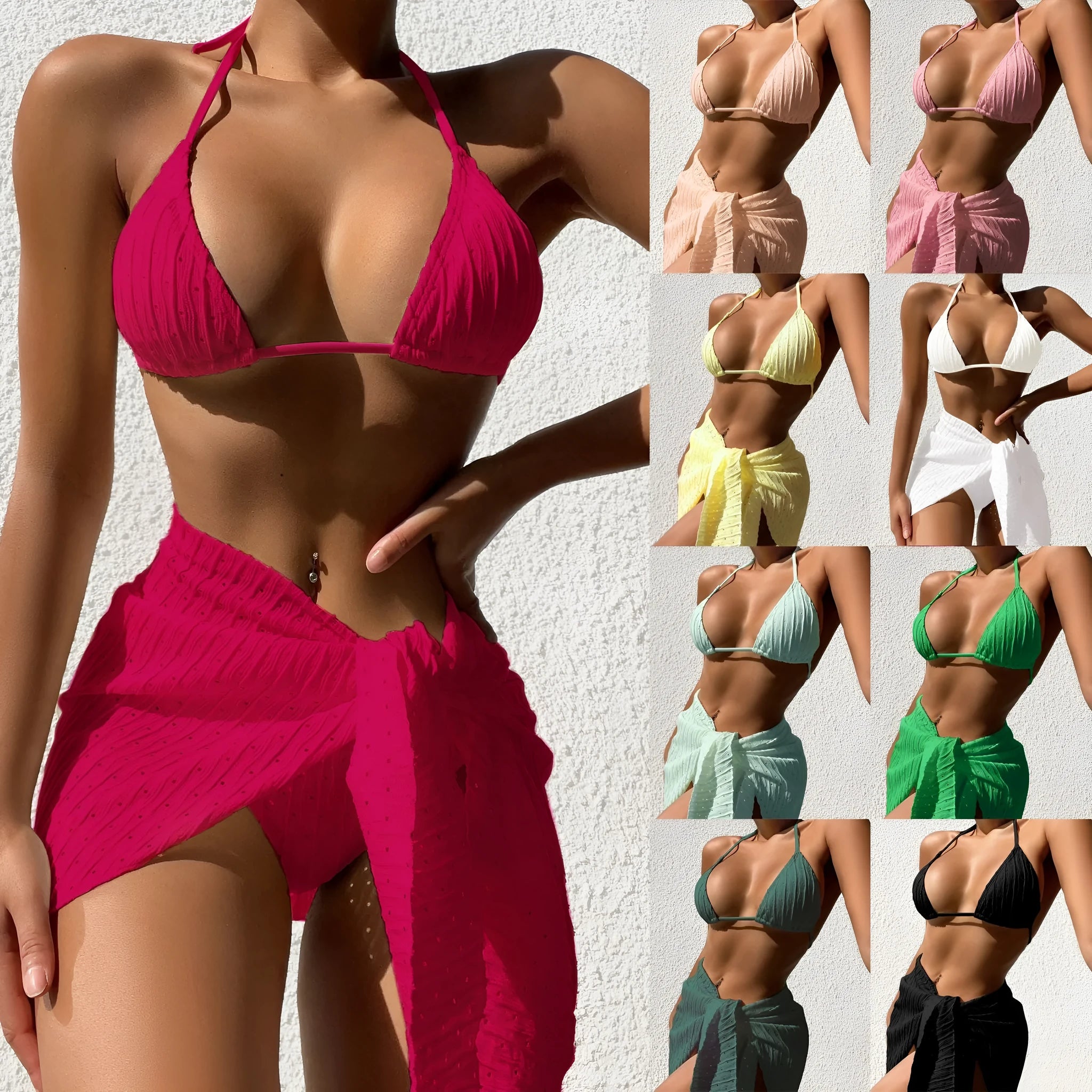 Women's halterneck bikini set with mesh skirt in a solid colour on a mannequin.