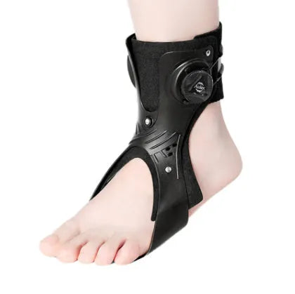 Grey ankle support brace with airbag button system showing adjustable straps and sizing options