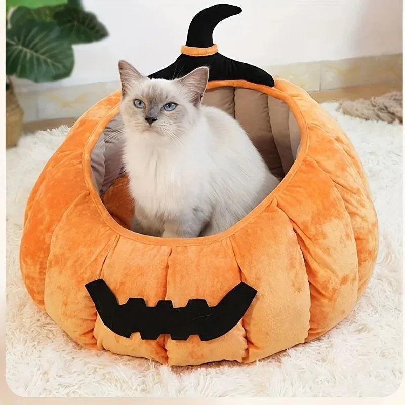 Halloween pumpkin devil design soft plush cat bed for small pets in black, orange, or pink.