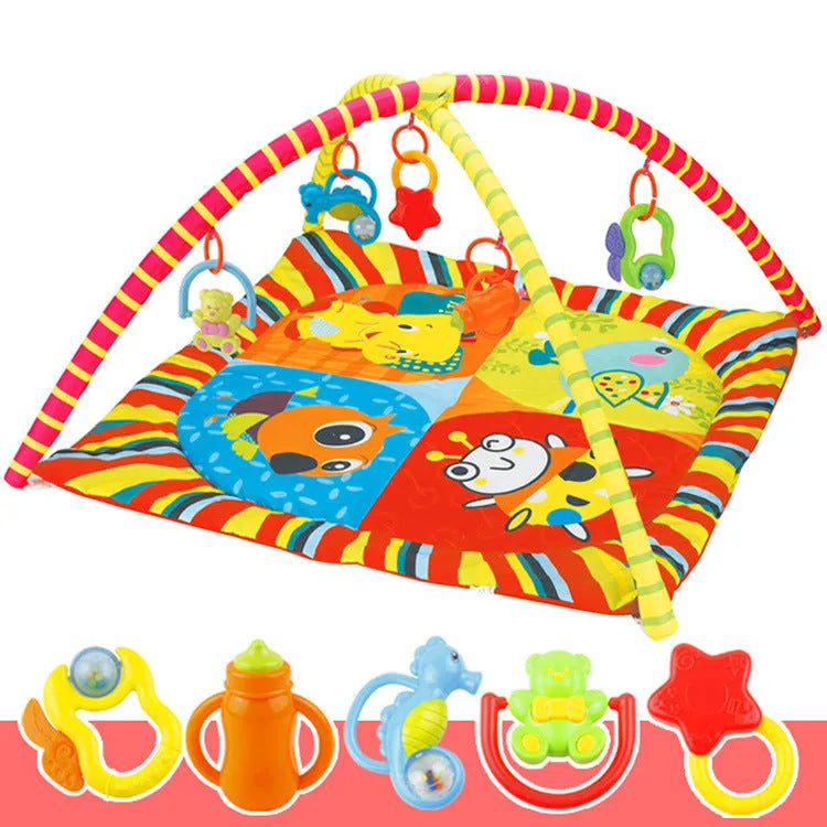 Colourful velvet baby gymnastic blanket with animal designs for crawling and play.