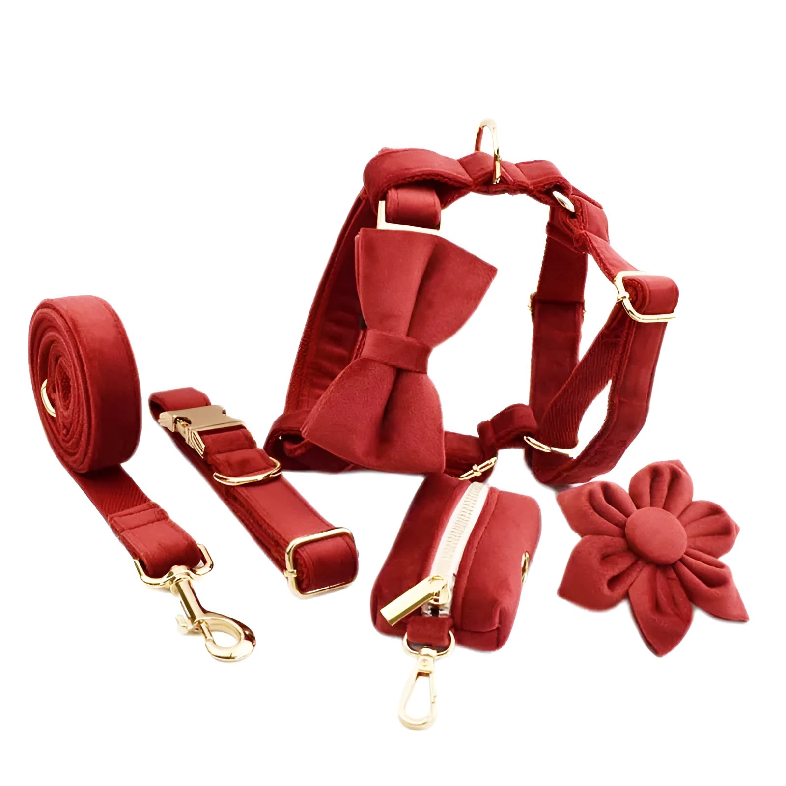 Complete dog collar and leash gift set with bow tie, vest and waste bag in festive colours