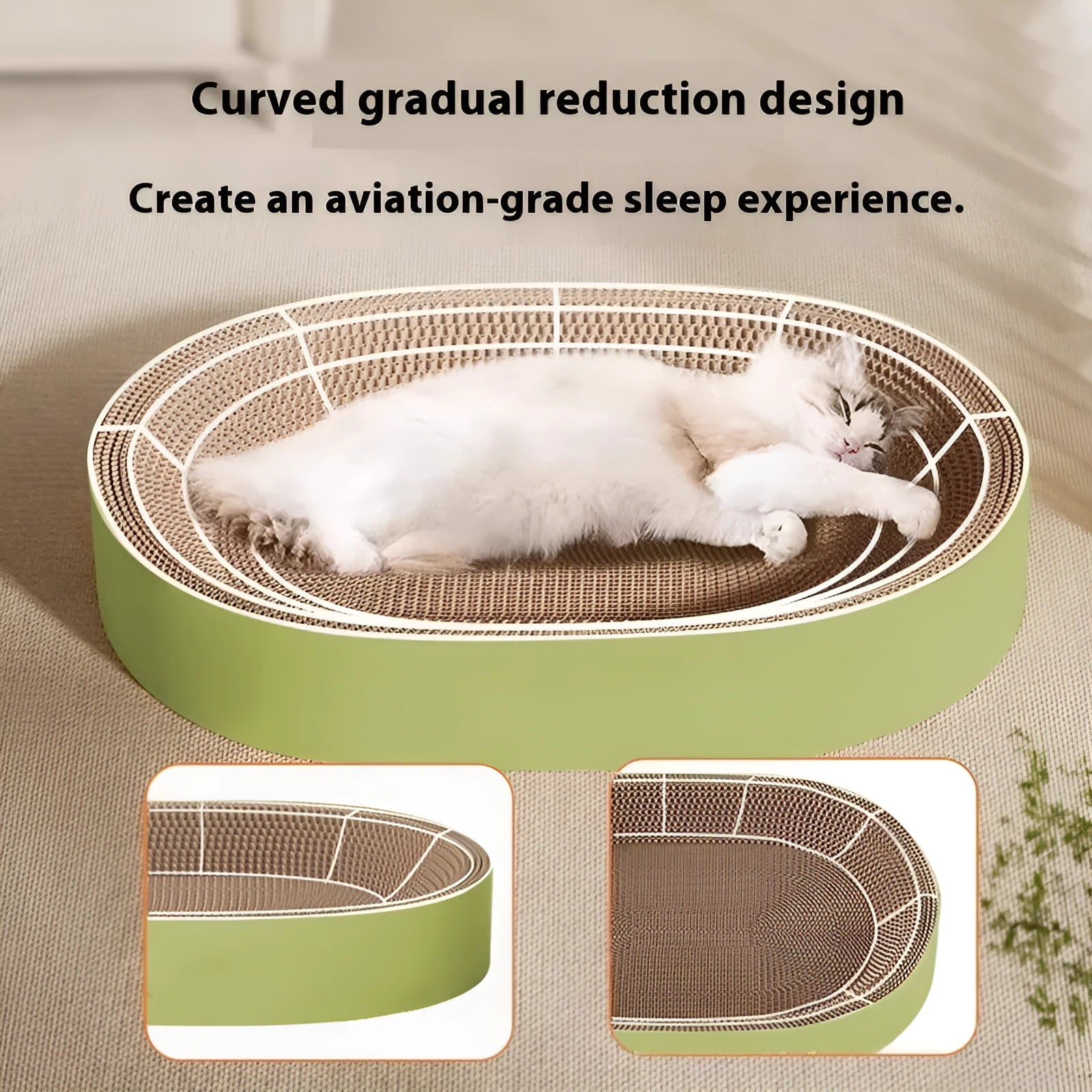 Green oval corrugated paper cat scratch board nest with a 55cm diameter.