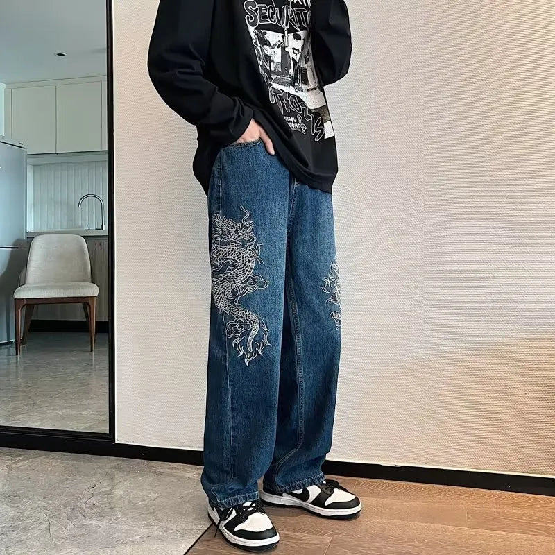 Men's loose embroidered jeans in Golden Dragon colour, made from polyester cowboy fabric, three-dimensional tailoring, size S to 3XL