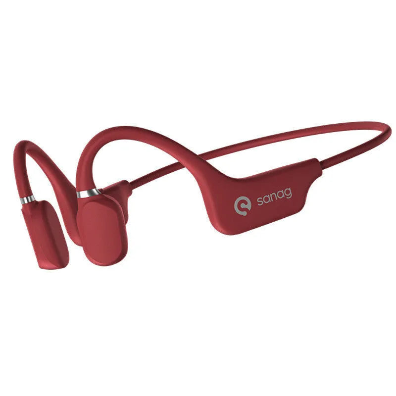 Bone conduction Bluetooth headset worn around the neck in retro green colour for sports running.