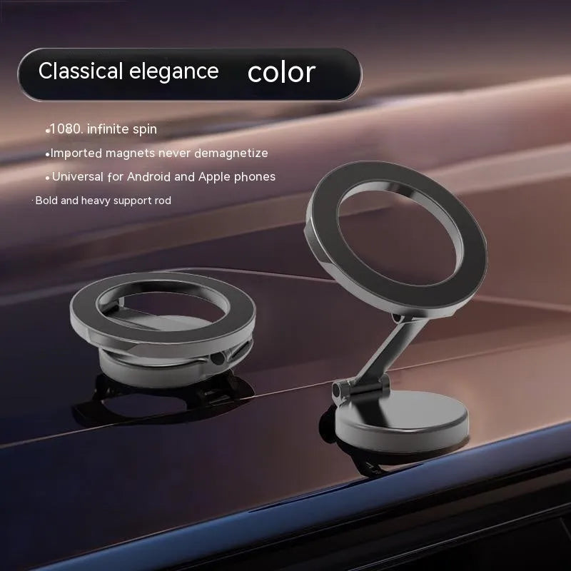 All-metal magnetic car phone mount in Qian Colour, shown folded and open on a dashboard.