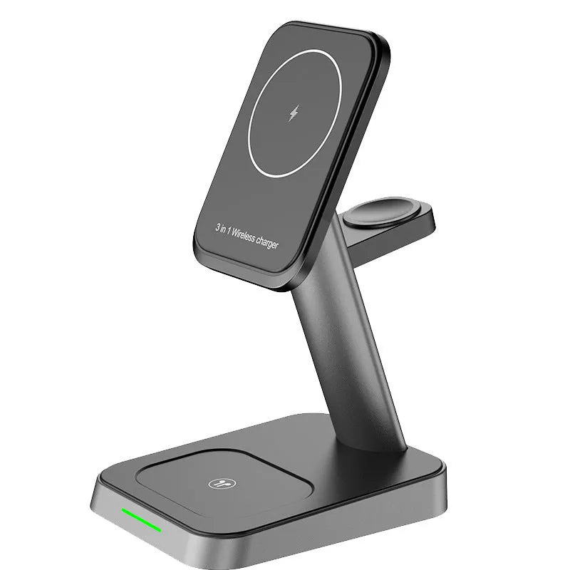 Black vertical wireless charging stand for phone and watch with integrated power bank