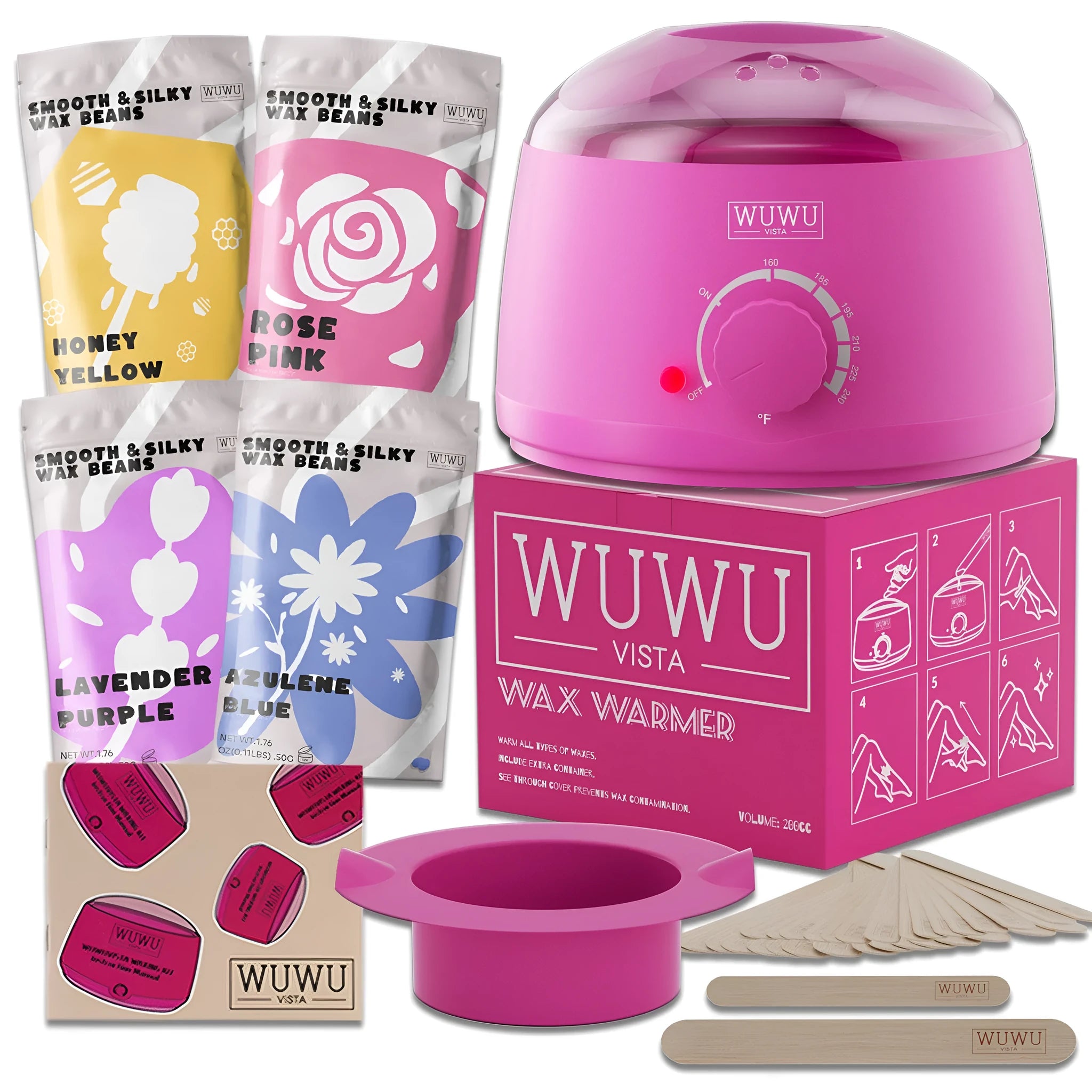 27-piece hair removal wax kit showing four coloured wax beads, electric machine, wax sticks and guidebook