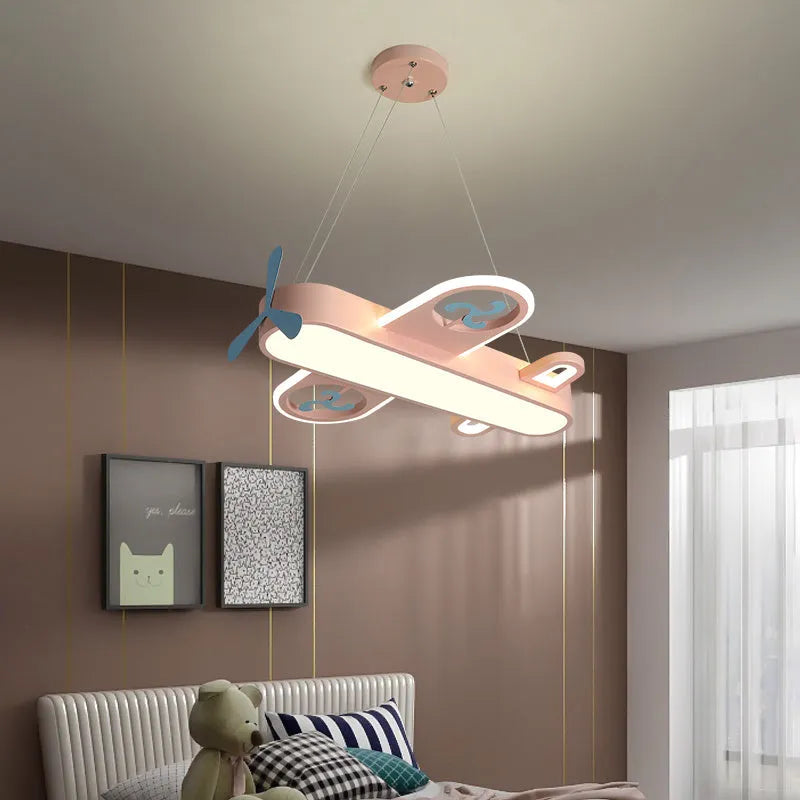 Children's room plane light LED cartoon chandelier in blue with three-colour dimming, 55cm diameter, iron and aluminum alloy