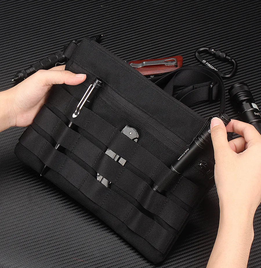 Black Oxford cloth portable outdoor organiser kit measuring 18cm by 3.5cm for military enthusiasts