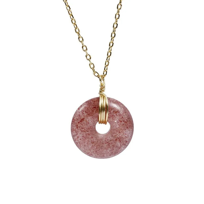 S925 sterling silver necklace with strawberry quartz peace buckle pendant on adjustable cross chain