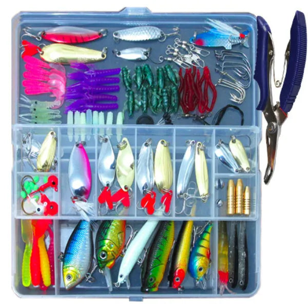 Rose red 132-piece soft bait fishing lure set with plastic baits and high carbon steel hooks in a storage case.