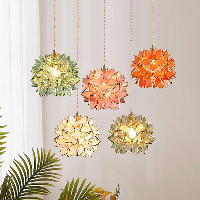 Stained glass hanging chandelier with coloured shades and copper lamp heads on adjustable cable