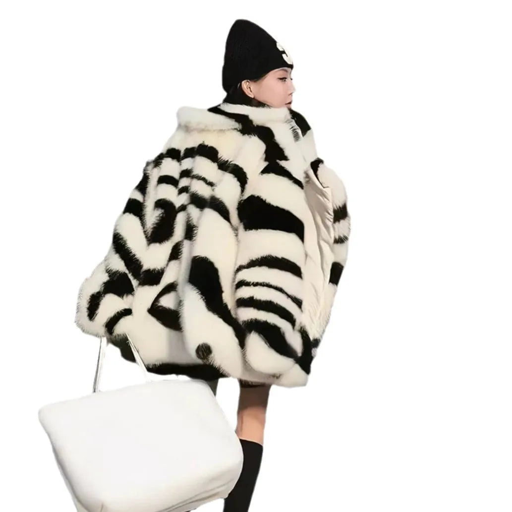 Zebra stripe women's top with fur fabric texture and large skimmer collar in street fashion style