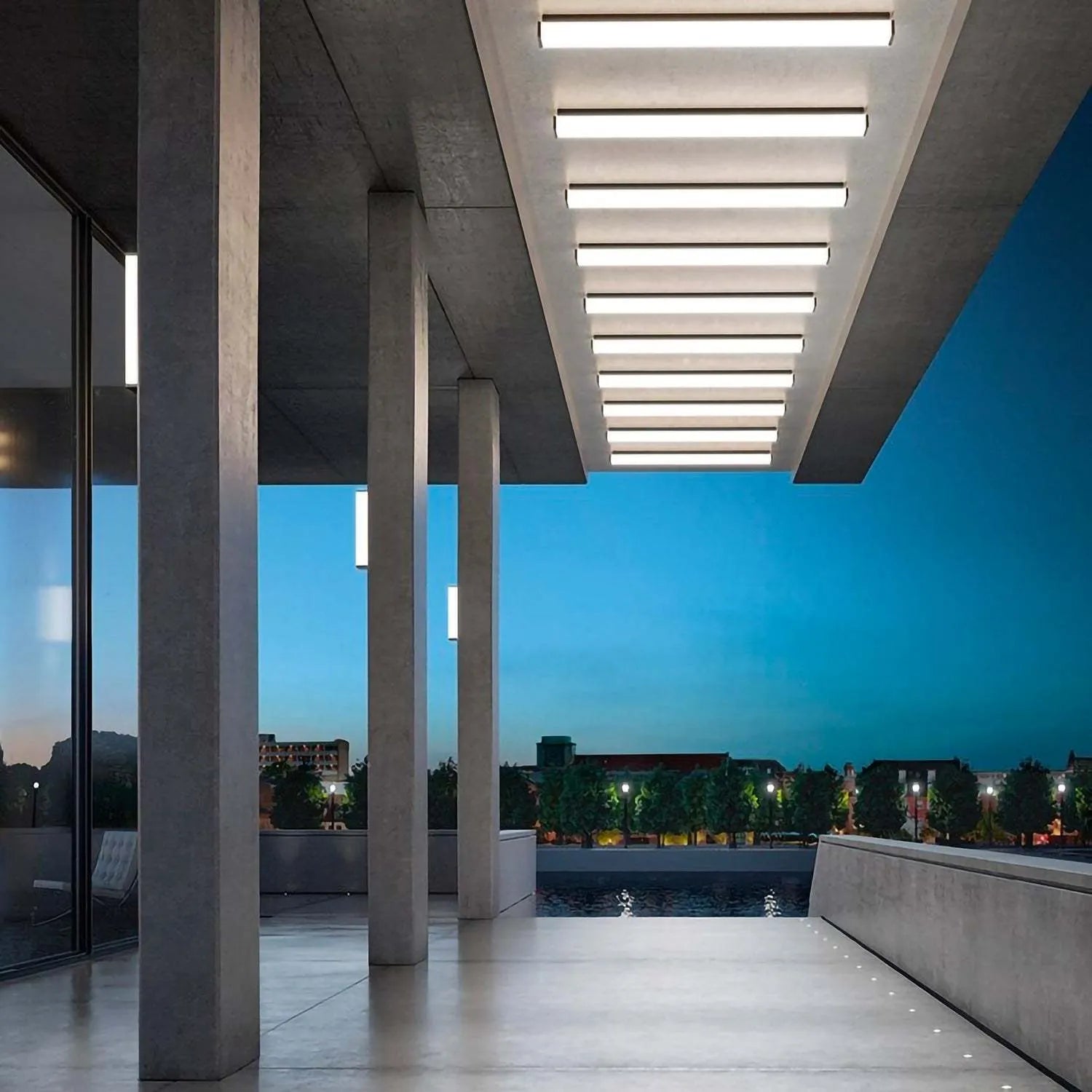 Stainless steel long strip outdoor wall light with LED, mounted on an exterior wall.