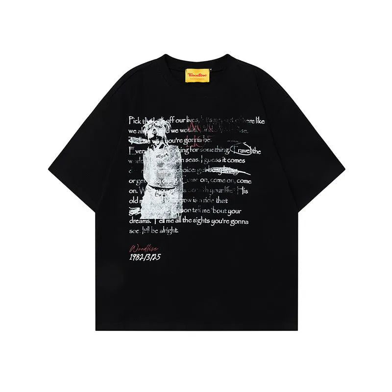 Men's black and white loose fit cotton t-shirt with printed letter design and raglan sleeves
