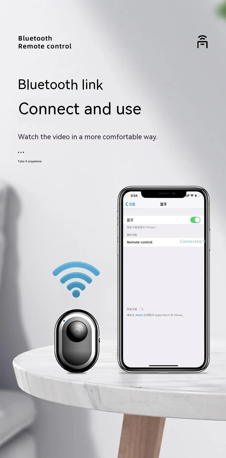 Wireless Bluetooth remote control for smartphone photography in black, pink, or purple colours