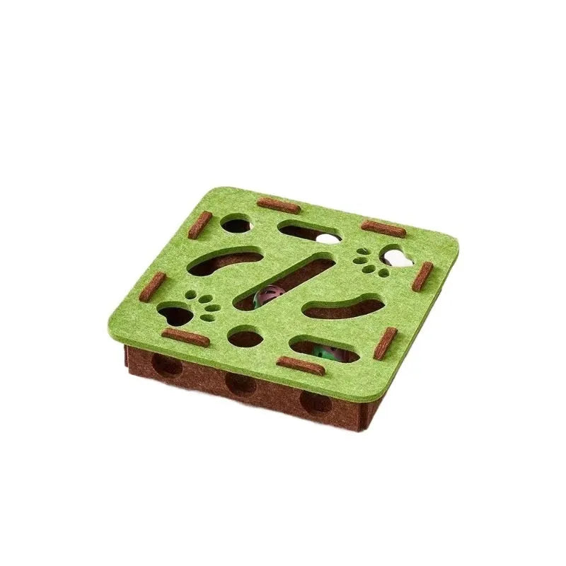 Green brown felt cat toy box with an open interior for scratching and hiding.