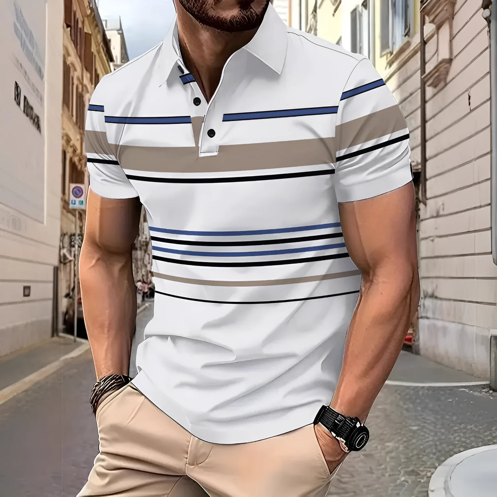 Men's white striped short sleeve T-shirt on hanger showing business casual style