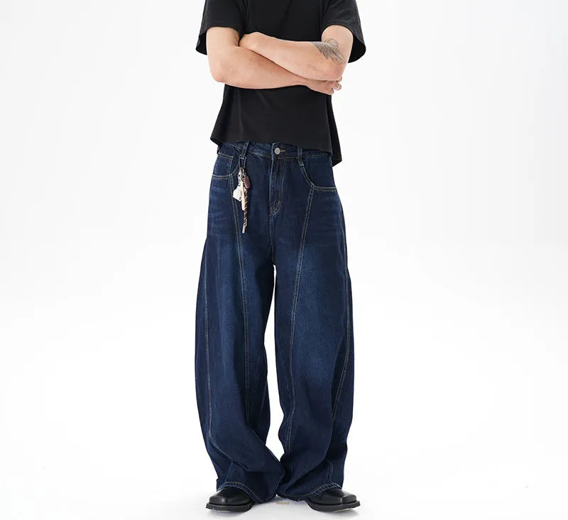 Women's washed distressed dark blue wide leg machete jeans on hanger