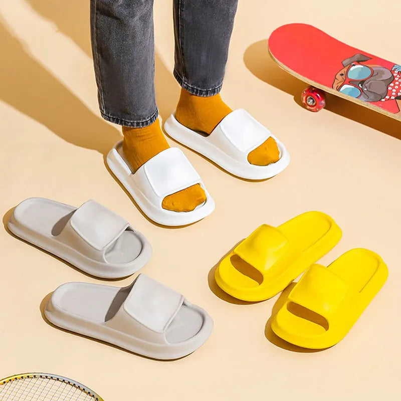 Soft EVA flip-flop slippers with a thick non-slip sole, shown in multiple colours on a white background.