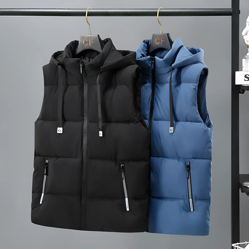 Men's solid colour thickened polyester vest with a removable hood, shown in blue.