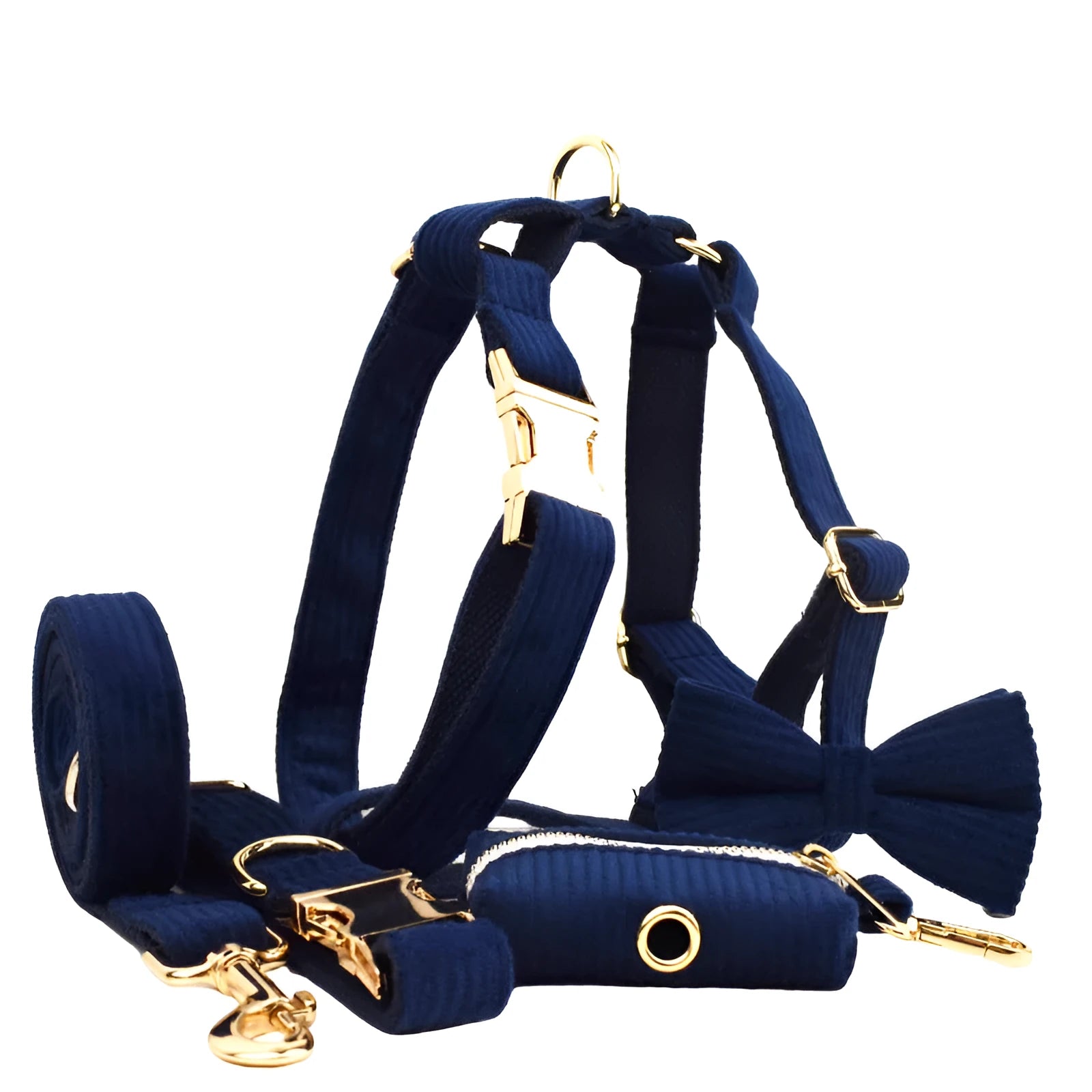 Navy blue corduroy dog collar and leash set with matching vest, poop bag, and decorative bow