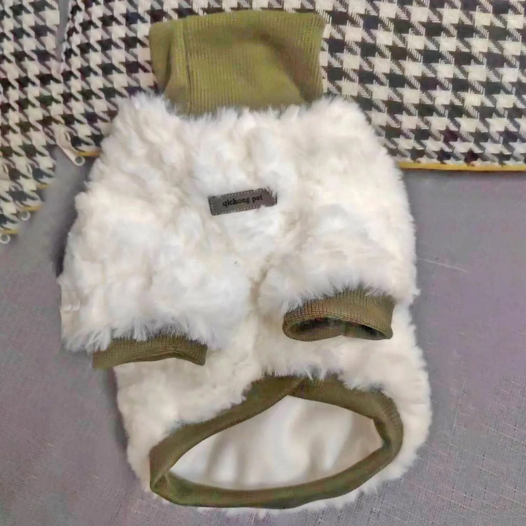 Creamy green turtleneck dog winter coat with thick plush padding on mannequin