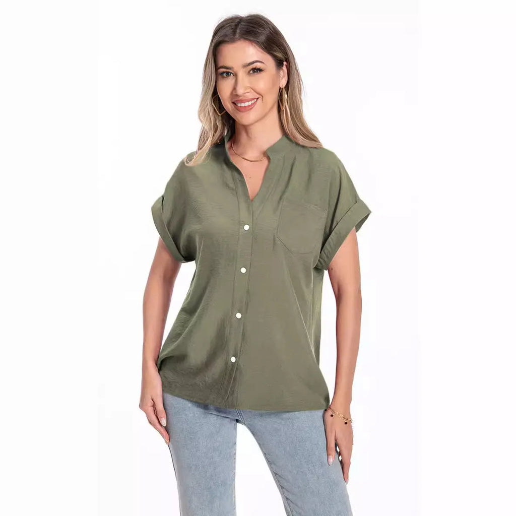 Women's stand collar button front summer top in loose fit with short sleeves