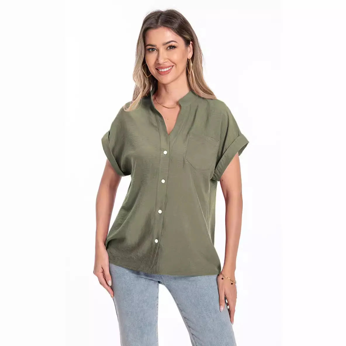Women's stand collar button front summer top in loose fit with short sleeves