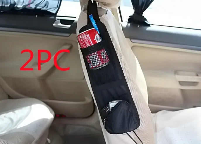 Black nylon car chair side bag with compartments for drinks and phone, attached to vehicle seat