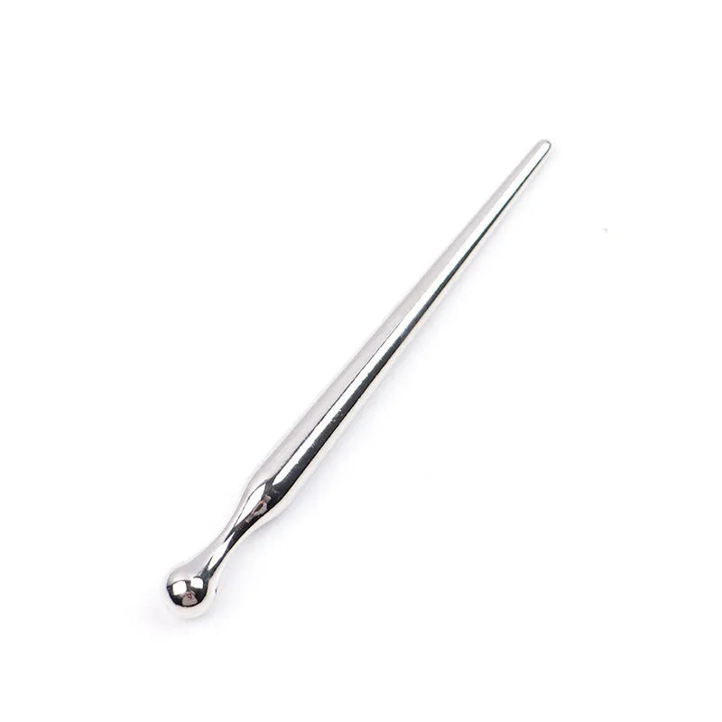 Silver metal urethral plug with round beads and horse eye tip for adult stimulation