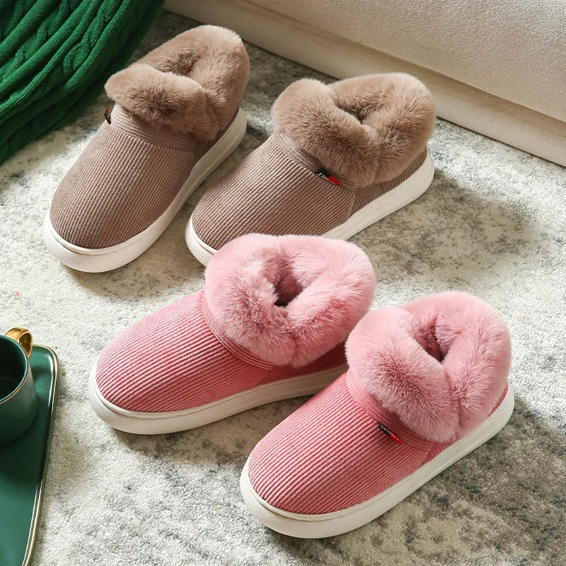 Winter plush corduroy house slippers for men and women warm fleece lined slip on shoes in coffee colour