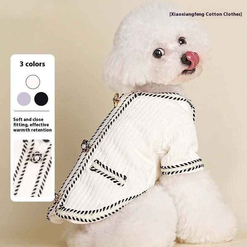 Cartoon-style quilted dog coat in light purple colour on mannequin