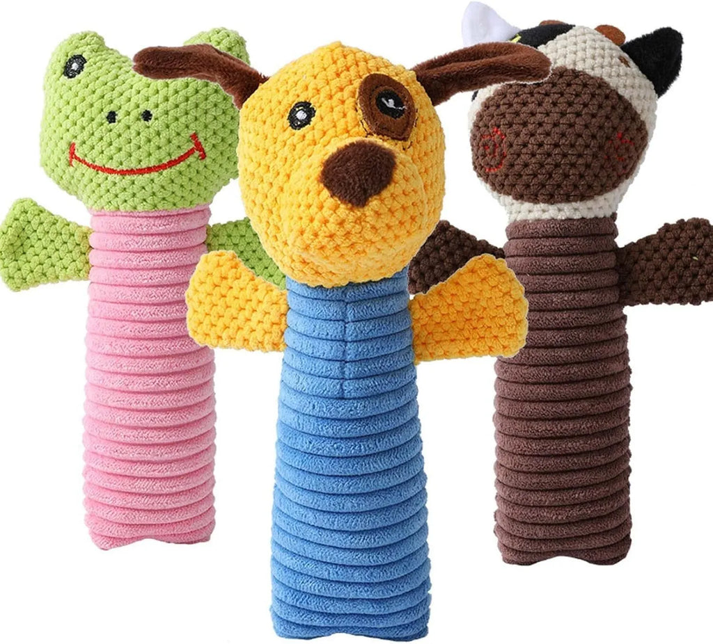 Dog squeaky chew toy in stuffed animal shape for dental cleaning, 19cm long