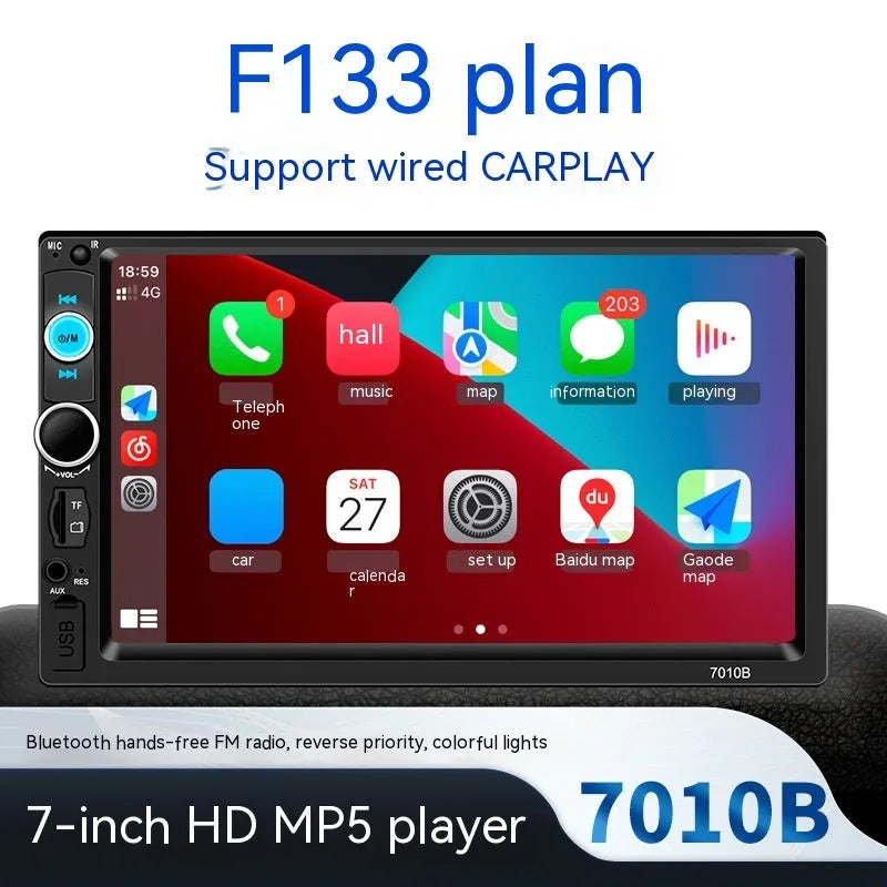 7-inch HD Bluetooth car multimedia player on a dashboard showing connectivity options.