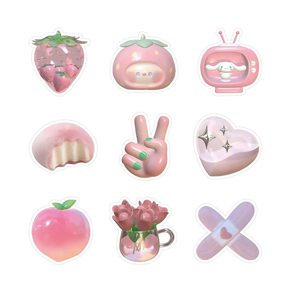 Set of 63 realistic 3D decorative stickers with cute pink girl heart designs.