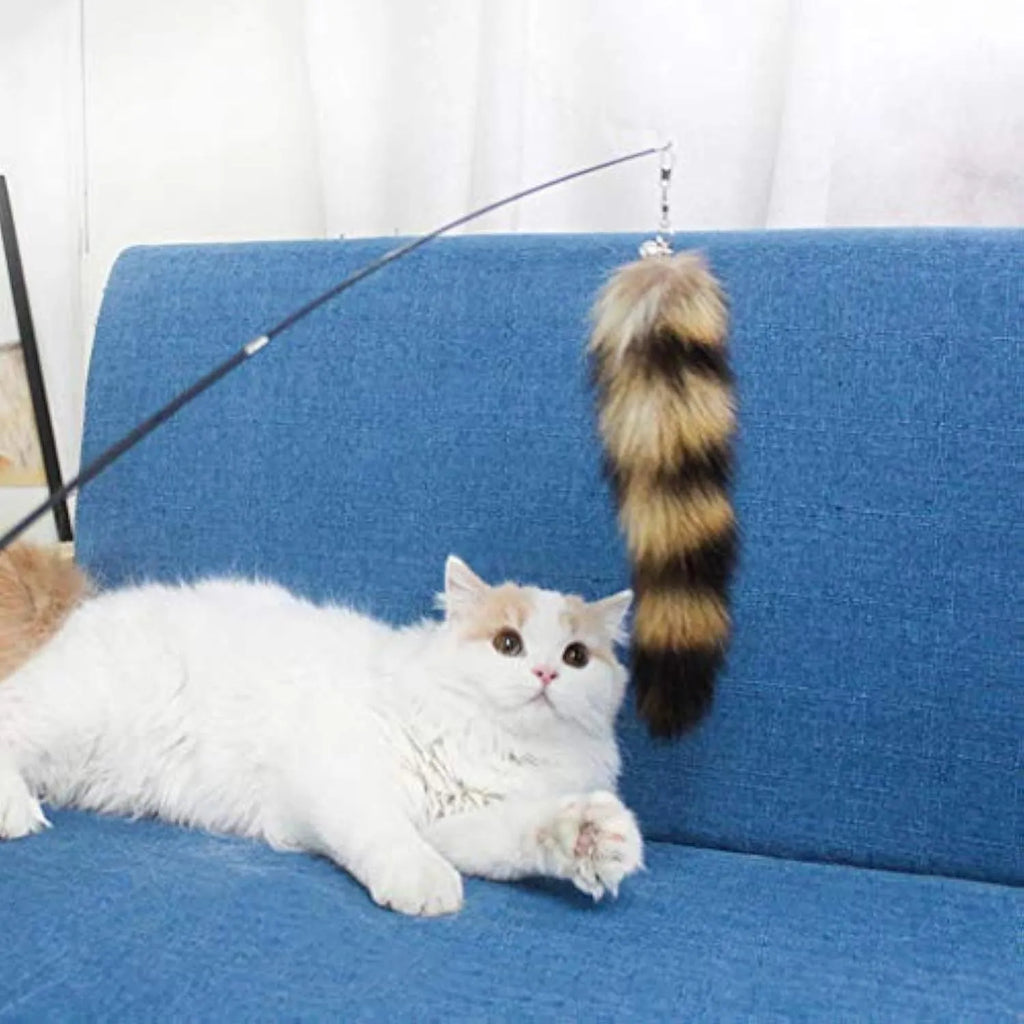 Black cat wand teaser with feather lure and extended elastic string for interactive play