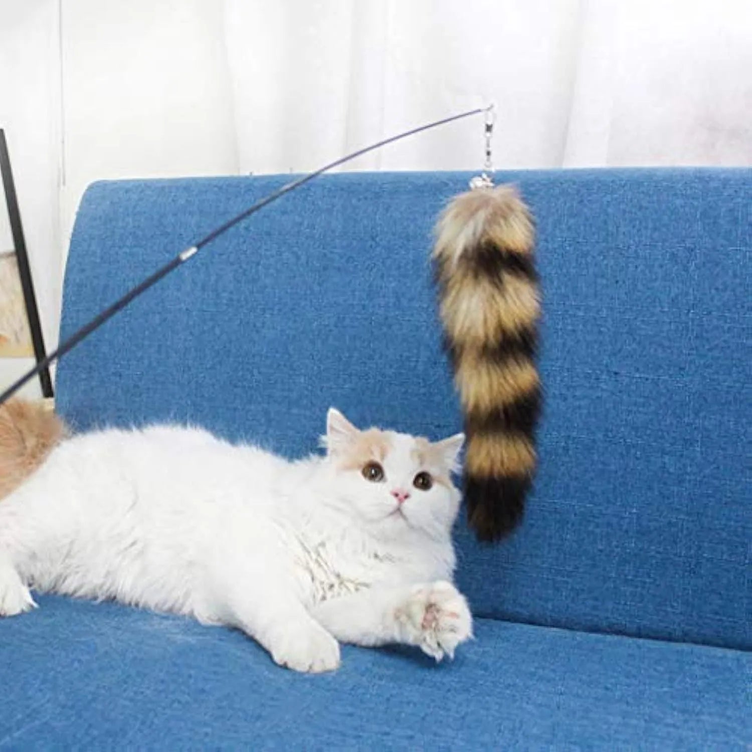 Black cat wand teaser with feather lure and extended elastic string for interactive play