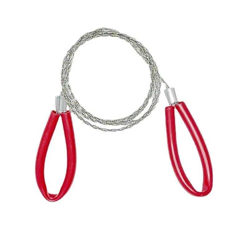 Close-up of a black and red stainless steel survival wire saw coiled in its storage bag.