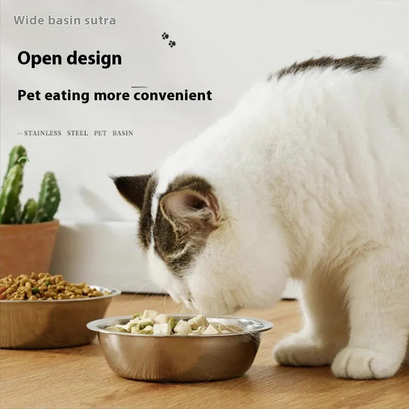 Stainless steel pet food bowl for dogs and cats with non-slip base in various sizes.