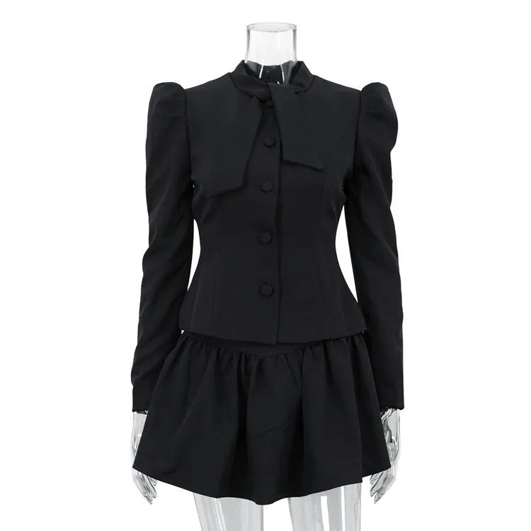 Women's gray bow tie long sleeve suit top and skirt two-piece set with button detail