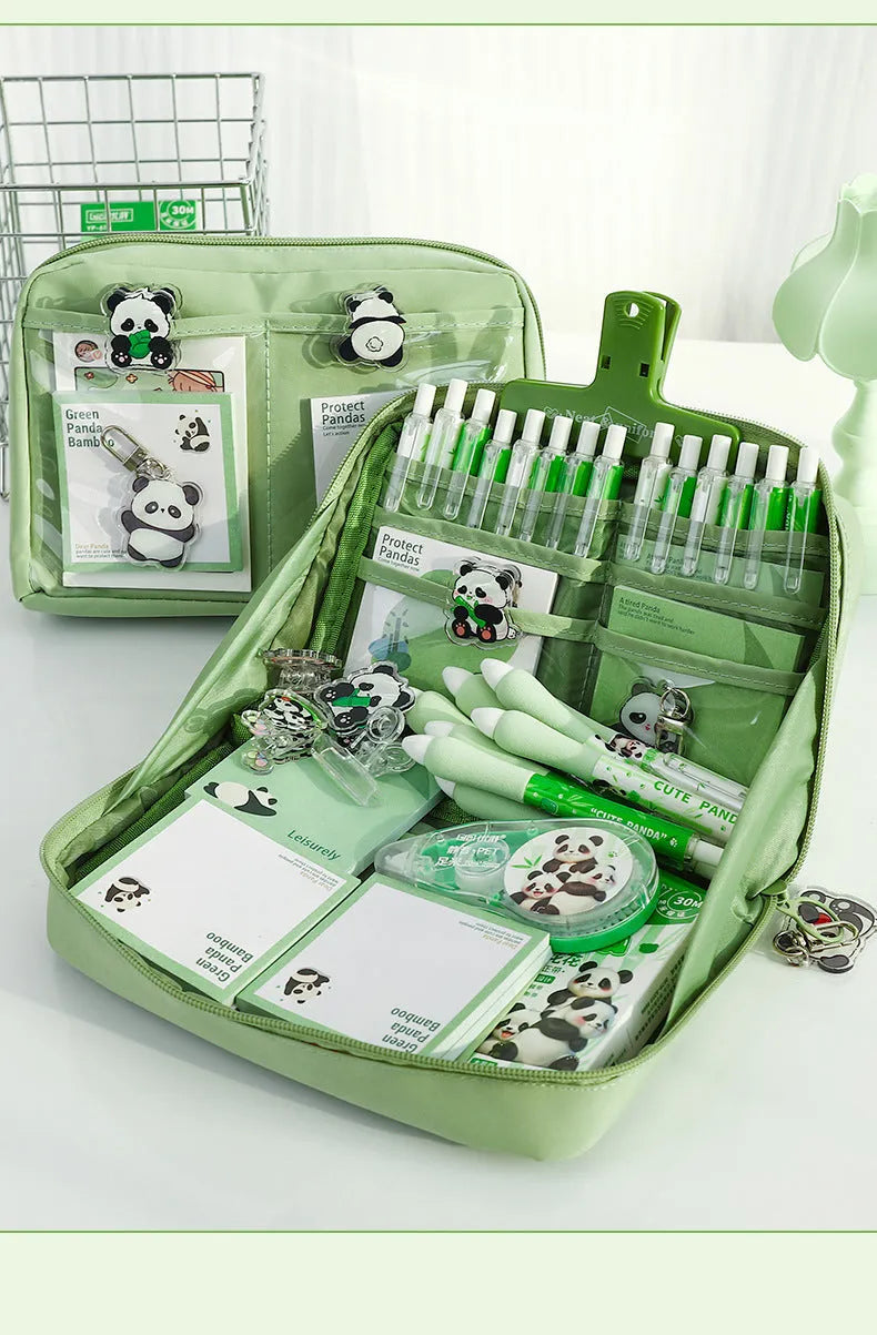 Green Korean style panda pencil case with 12 layers for large capacity stationery storage